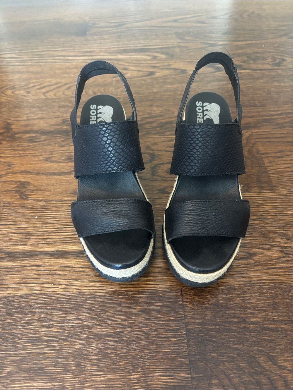 Sorel Black Leather Espadrille Wedge Sandals